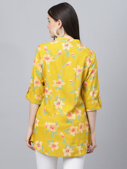 Women Yellow Floral Printed Rayon A-Line Shirts Style Top | LASVINI - Redefining Indian Fashion with Elegance