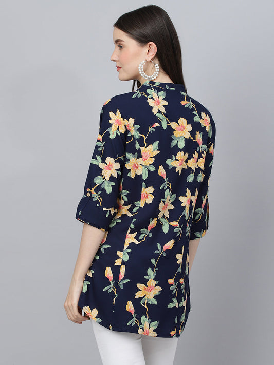 Women Navy Blue Floral Printed Rayon A-Line Shirts Style Top | LASVINI - Redefining Indian Fashion with Elegance