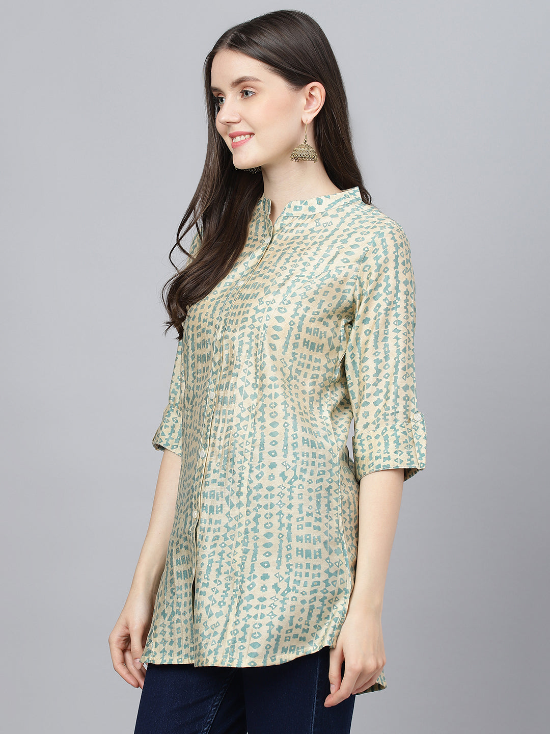 Women Cream Abstract Printed Modal A-Line Shirts Style Top | LASVINI - Redefining Indian Fashion with Elegance