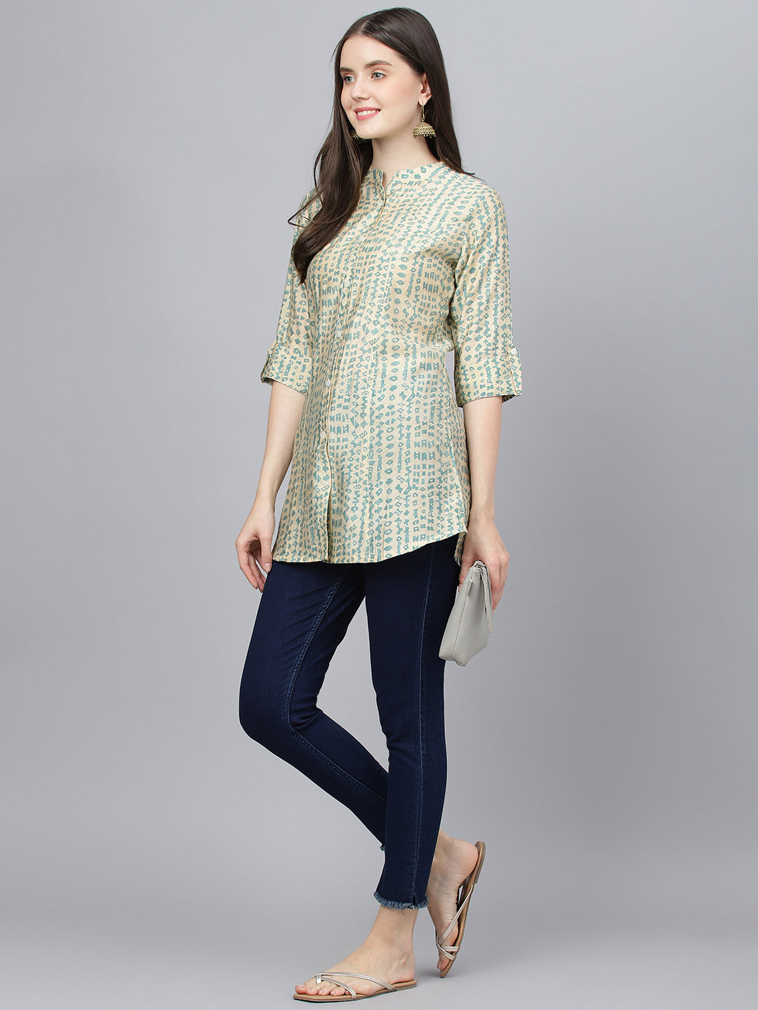 Women Cream Abstract Printed Modal A-Line Shirts Style Top | LASVINI - Redefining Indian Fashion with Elegance