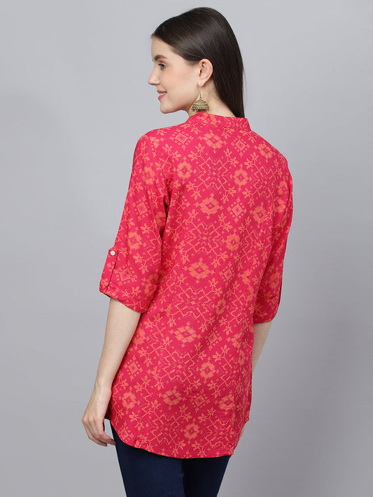 Women Pink Abstract Printed Rayon A-Line Shirts Style Top | LASVINI - Redefining Indian Fashion with Elegance