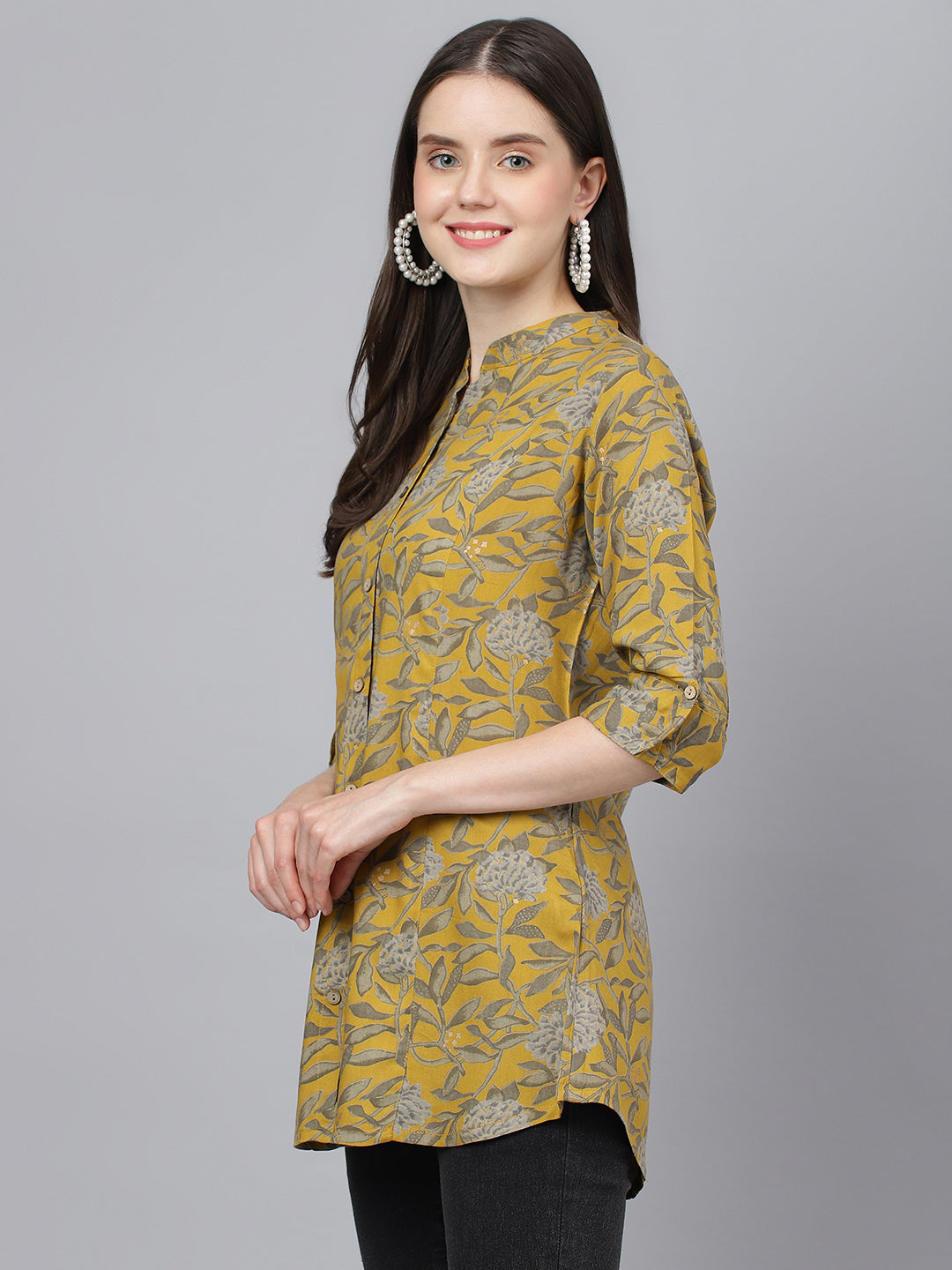 Women Mustard Floral Printed Rayon A-Line Shirts Style Top | LASVINI - Redefining Indian Fashion with Elegance