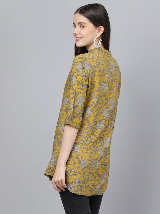 Women Mustard Floral Printed Rayon A-Line Shirts Style Top | LASVINI - Redefining Indian Fashion with Elegance
