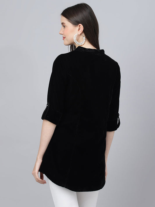 Women Black Solid Velvet A-Line Shirts Style Top | LASVINI - Redefining Indian Fashion with Elegance