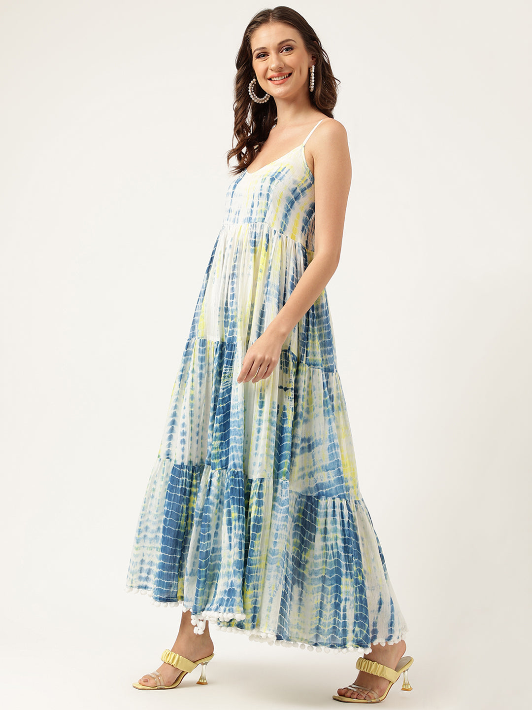 Blue Tie And Dye Dyed With Pom-Pom Detail Maxi Dress | LASVINI - Redefining Indian Fashion with Elegance
