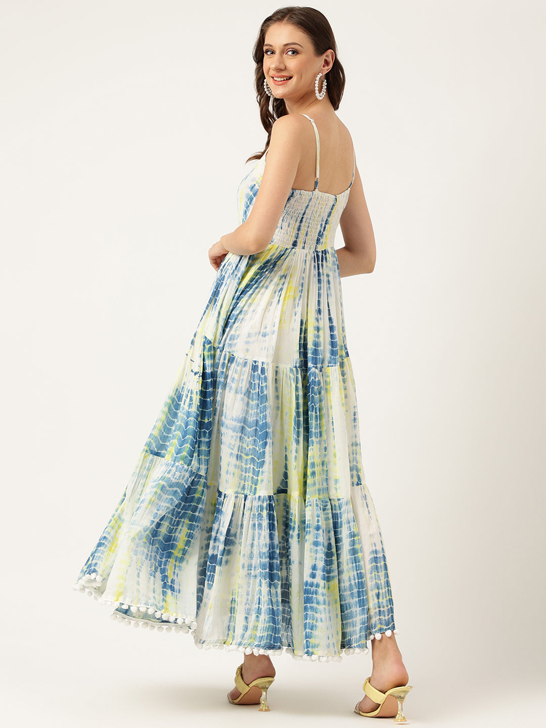 Blue Tie And Dye Dyed With Pom-Pom Detail Maxi Dress | LASVINI - Redefining Indian Fashion with Elegance