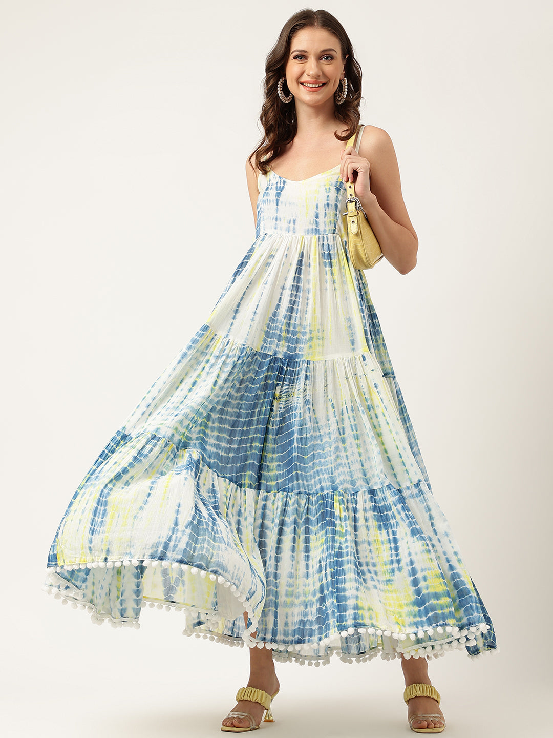 Blue Tie And Dye Dyed With Pom-Pom Detail Maxi Dress | LASVINI - Redefining Indian Fashion with Elegance
