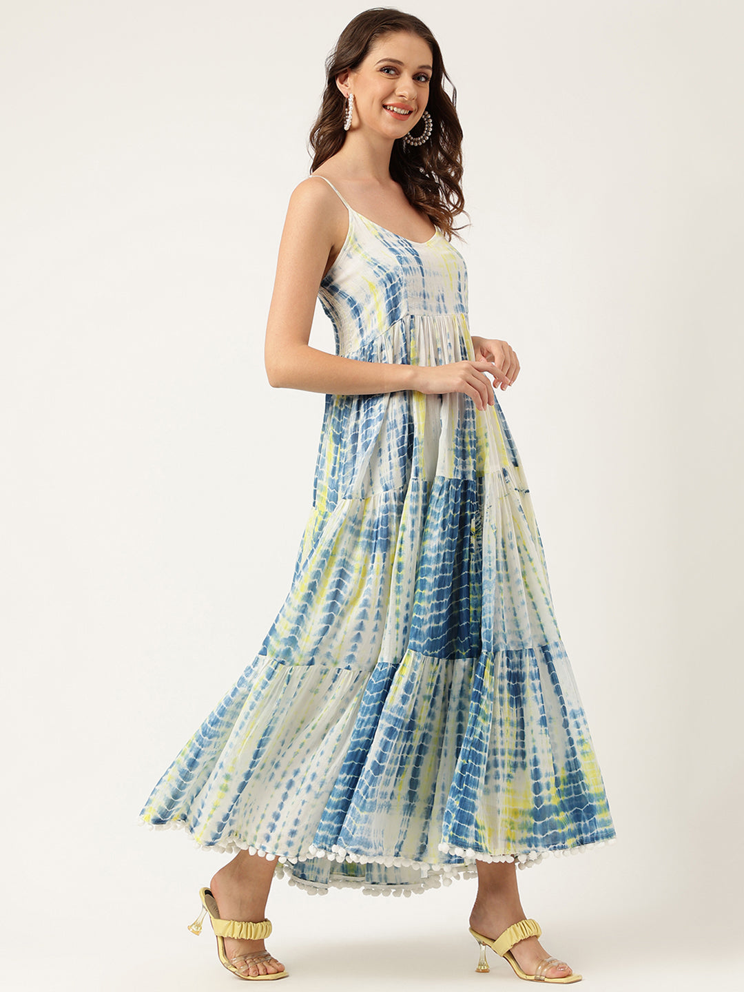 Blue Tie And Dye Dyed With Pom-Pom Detail Maxi Dress | LASVINI - Redefining Indian Fashion with Elegance