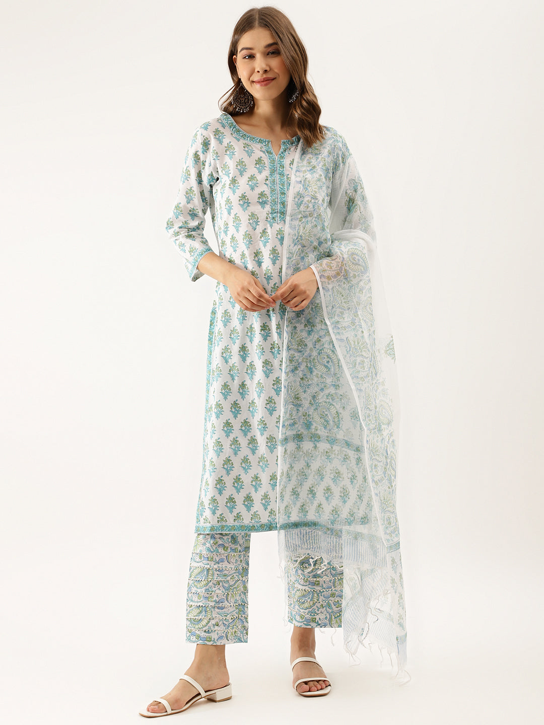 Women White Sea Blue Handblock Floral Printed Cotton Kurta Set With Kota Doria Dupatta | LASVINI - Redefining Indian Fashion with Elegance