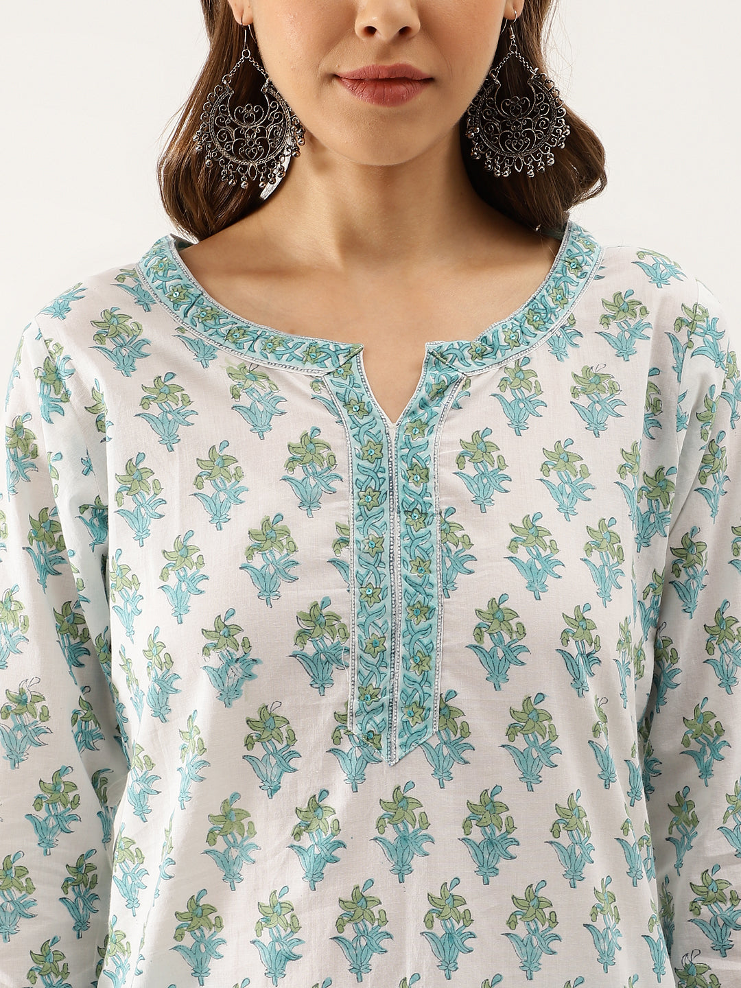 Women White Sea Blue Handblock Floral Printed Cotton Kurta Set With Kota Doria Dupatta | LASVINI - Redefining Indian Fashion with Elegance