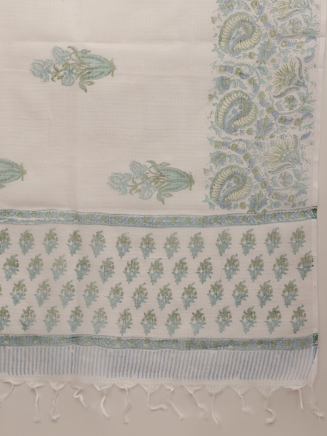 Women White Sea Blue Handblock Floral Printed Cotton Kurta Set With Kota Doria Dupatta | LASVINI - Redefining Indian Fashion with Elegance