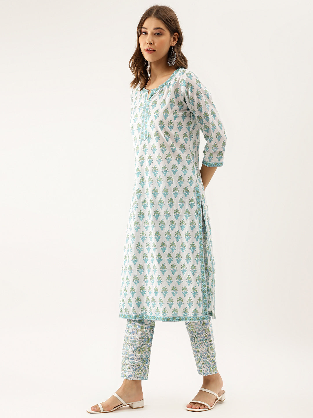 Women White Sea Blue Handblock Floral Printed Cotton Kurta Set With Kota Doria Dupatta | LASVINI - Redefining Indian Fashion with Elegance
