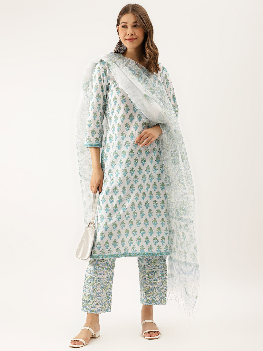 Women White Sea Blue Handblock Floral Printed Cotton Kurta Set With Kota Doria Dupatta | LASVINI - Redefining Indian Fashion with Elegance