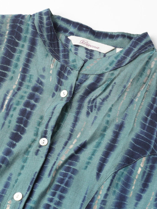 Teal Floral Printed Muslin A-Line Shirt Style Top | LASVINI - Redefining Indian Fashion with Elegance