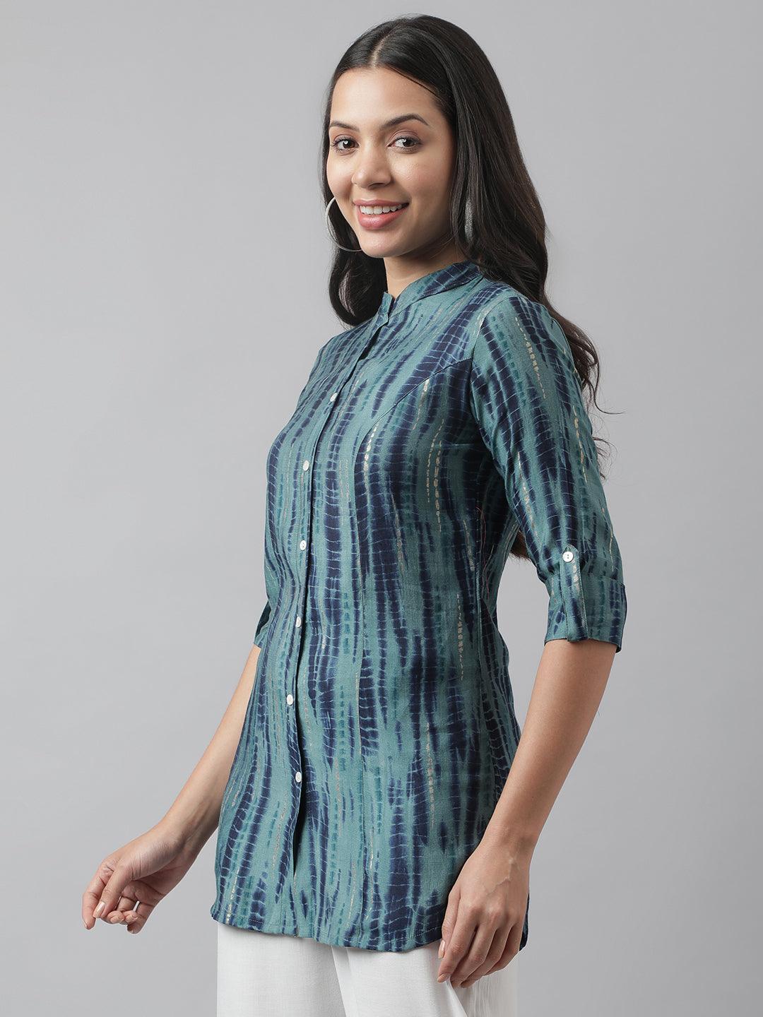 Teal Floral Printed Muslin A-Line Shirt Style Top | LASVINI - Redefining Indian Fashion with Elegance