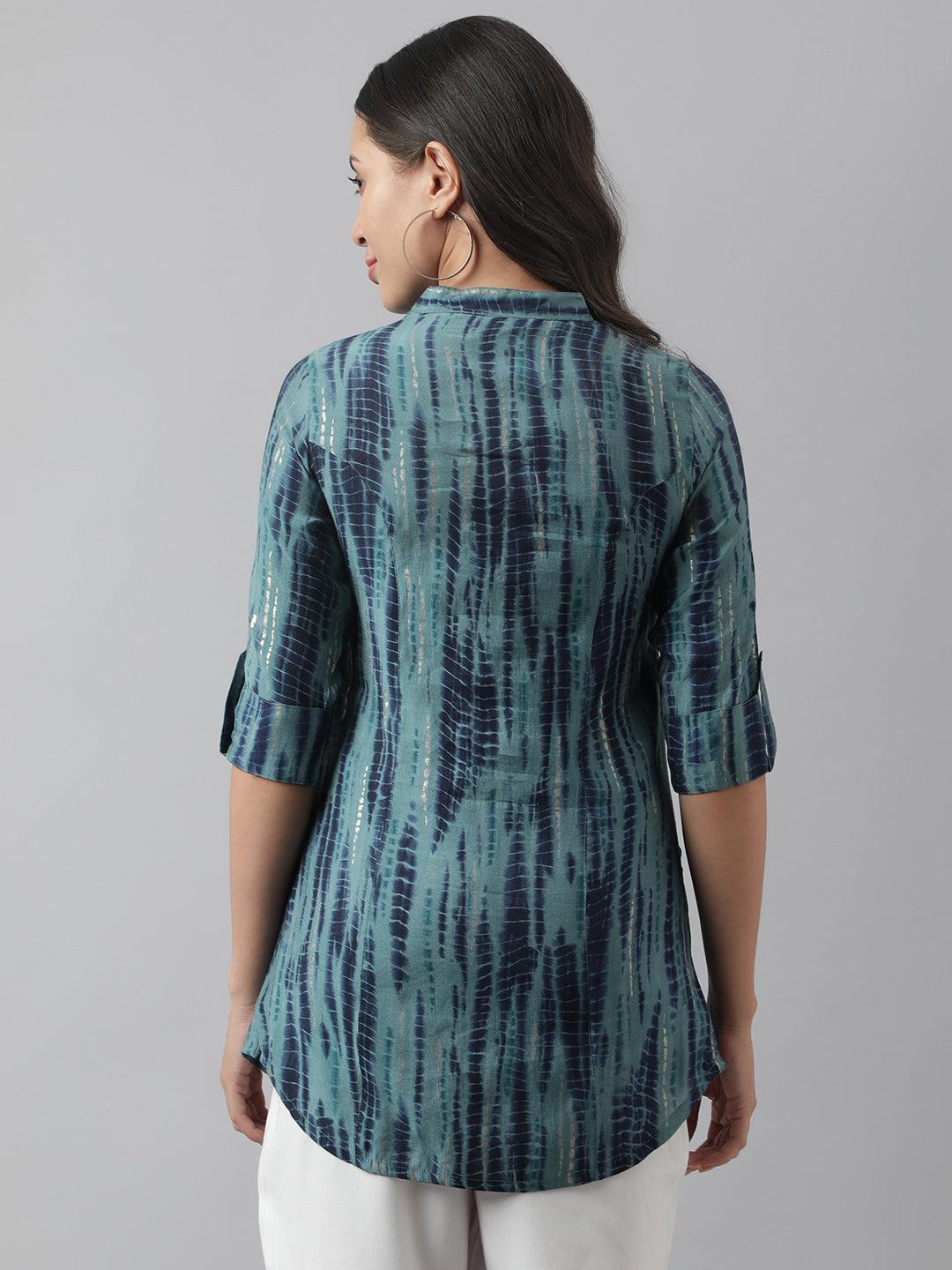 Teal Floral Printed Muslin A-Line Shirt Style Top | LASVINI - Redefining Indian Fashion with Elegance
