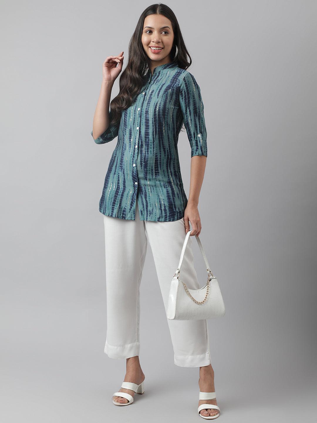 Teal Floral Printed Muslin A-Line Shirt Style Top | LASVINI - Redefining Indian Fashion with Elegance