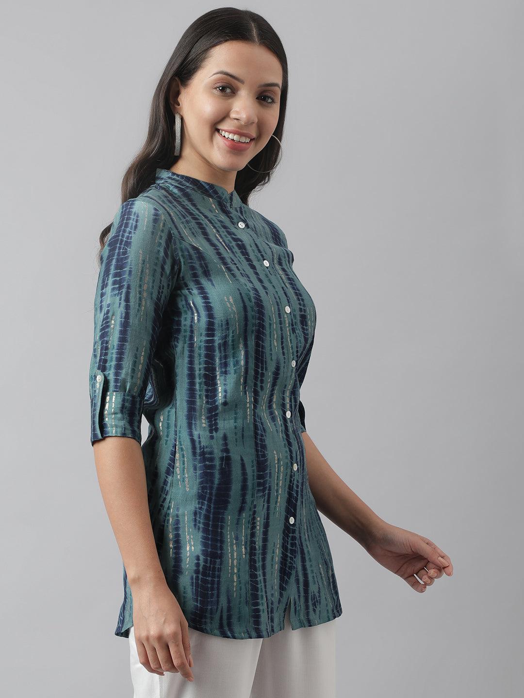 Teal Floral Printed Muslin A-Line Shirt Style Top | LASVINI - Redefining Indian Fashion with Elegance