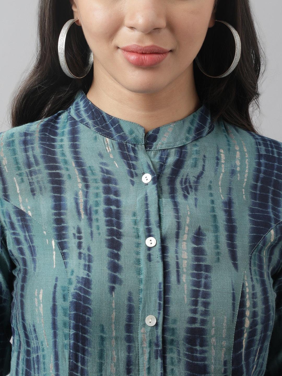 Teal Floral Printed Muslin A-Line Shirt Style Top | LASVINI - Redefining Indian Fashion with Elegance