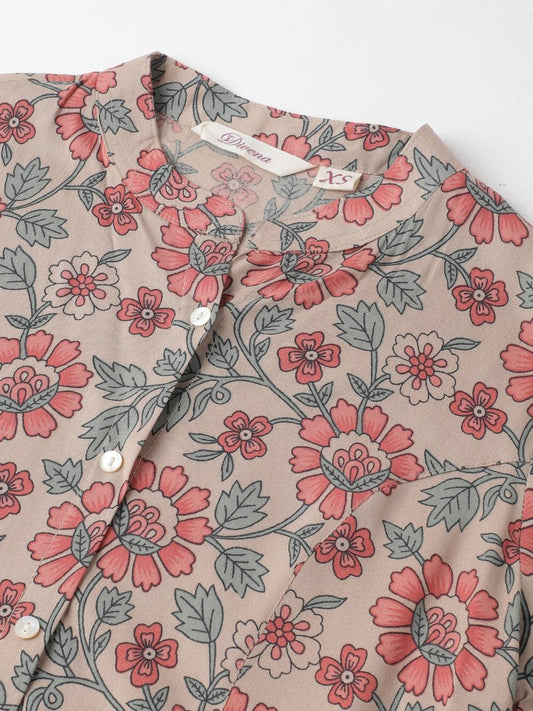 Dark Beige Floral Printed Rayon A-Line Shirt Style Top | LASVINI - Redefining Indian Fashion with Elegance