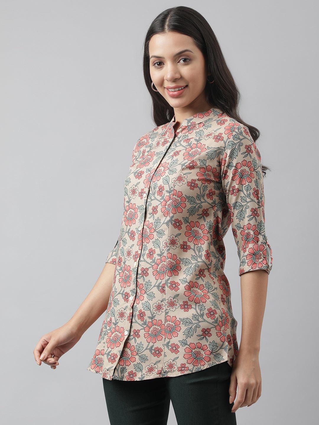 Dark Beige Floral Printed Rayon A-Line Shirt Style Top | LASVINI - Redefining Indian Fashion with Elegance