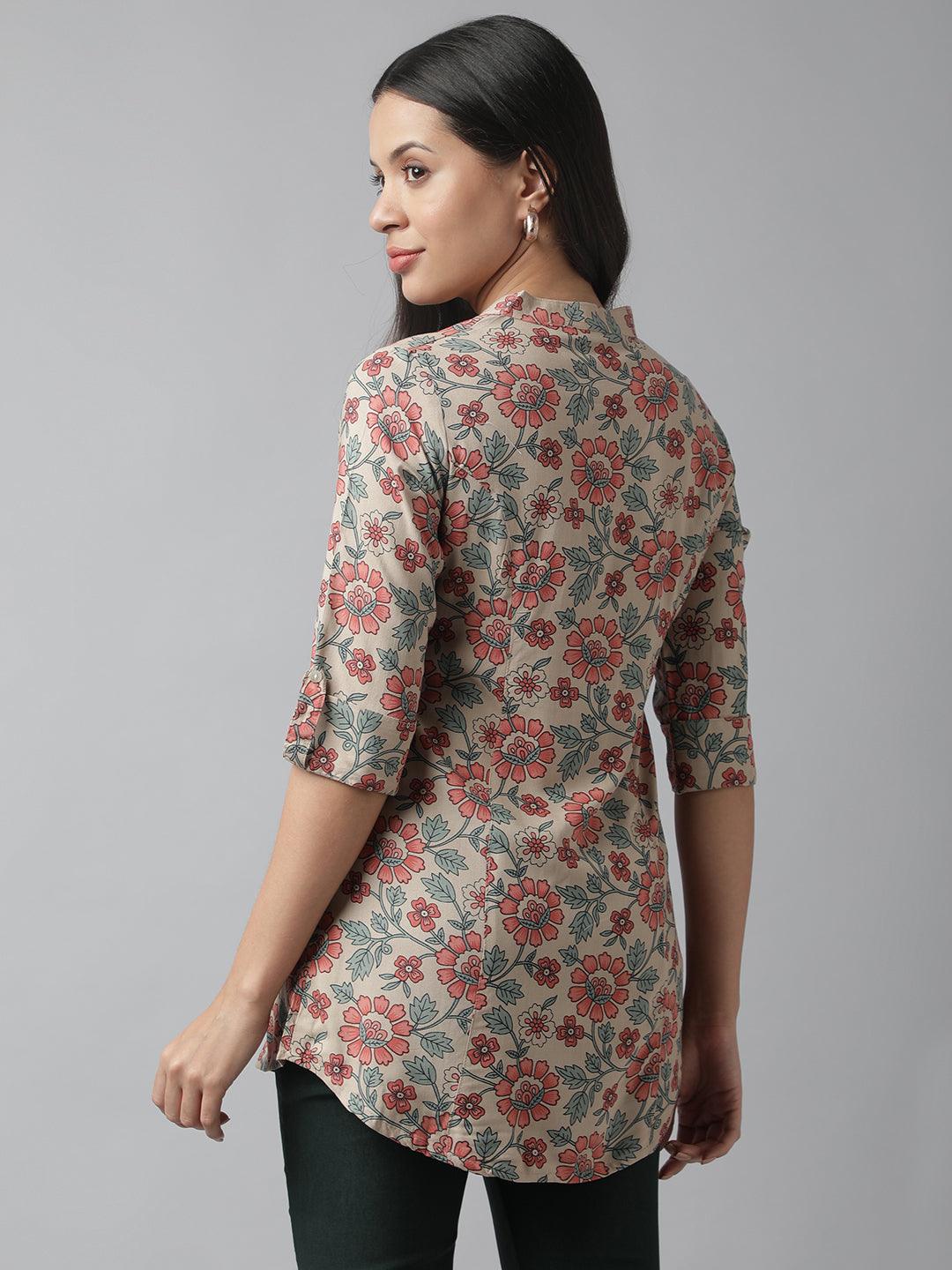 Dark Beige Floral Printed Rayon A-Line Shirt Style Top | LASVINI - Redefining Indian Fashion with Elegance