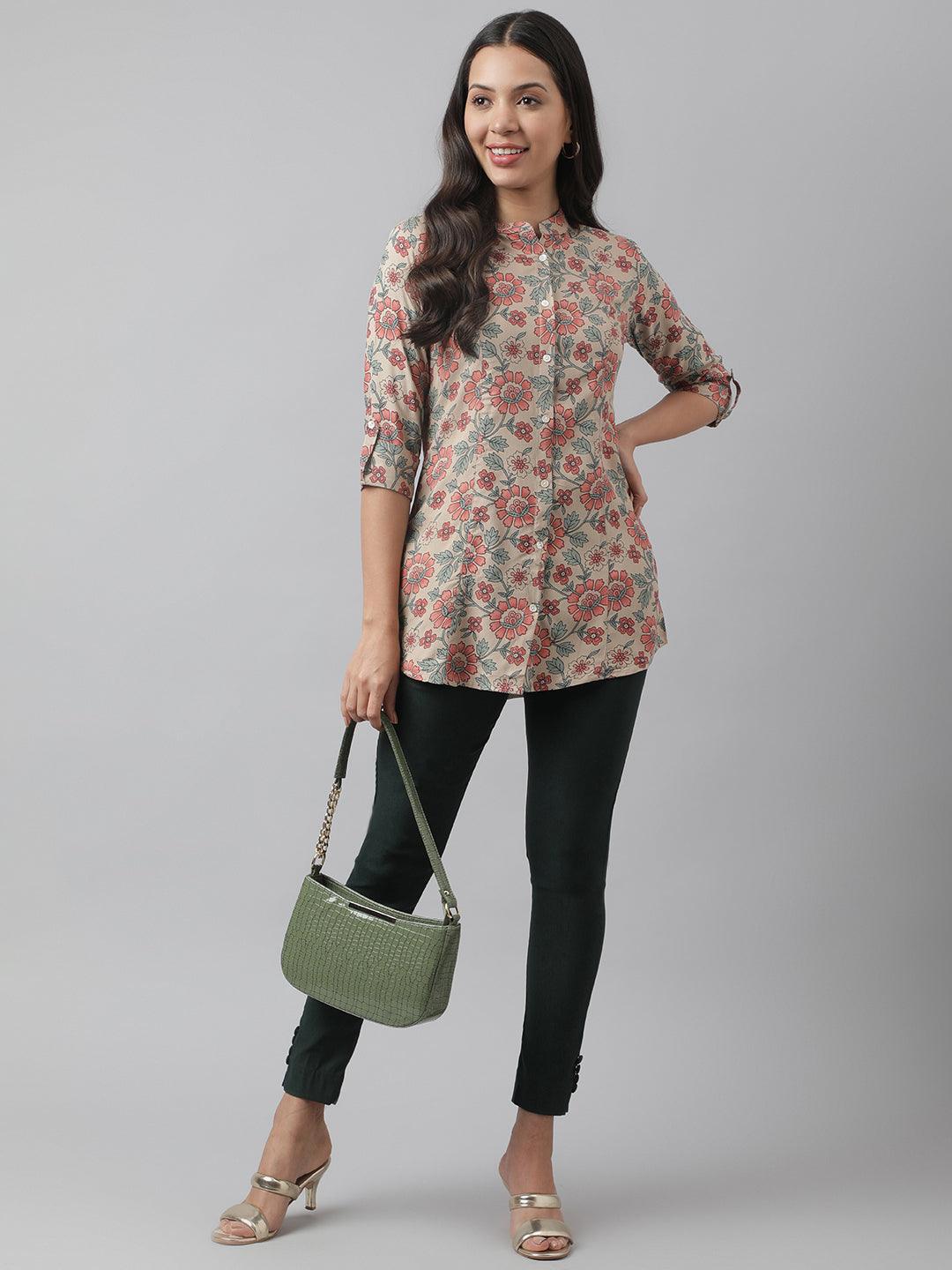 Dark Beige Floral Printed Rayon A-Line Shirt Style Top | LASVINI - Redefining Indian Fashion with Elegance