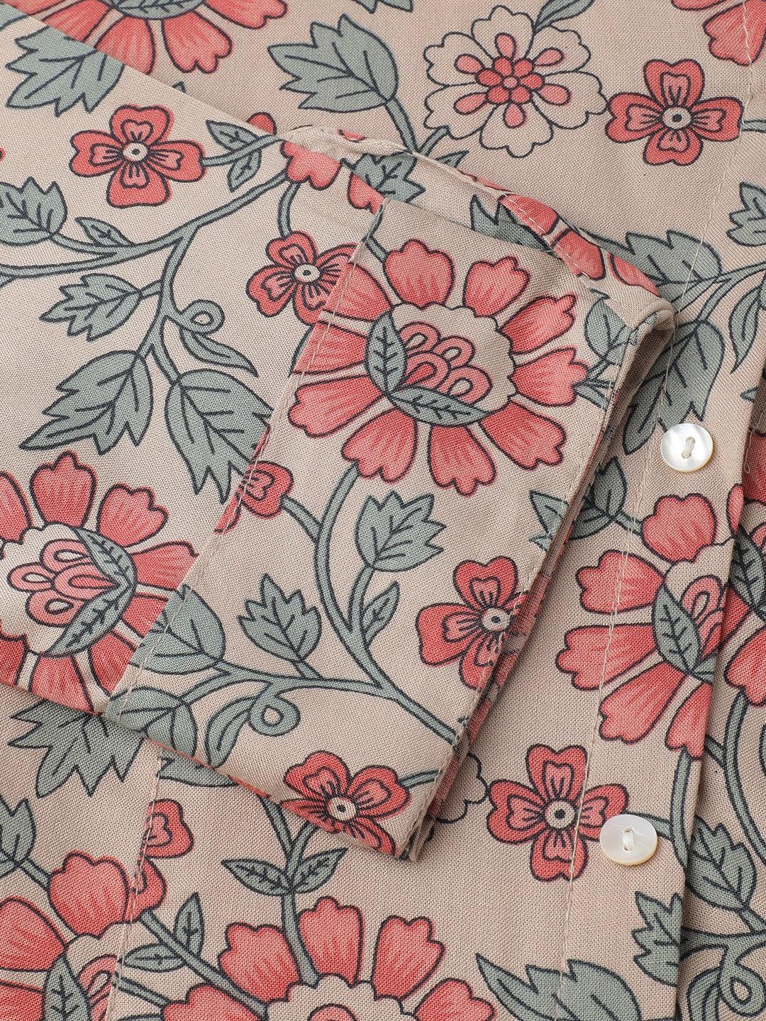 Dark Beige Floral Printed Rayon A-Line Shirt Style Top | LASVINI - Redefining Indian Fashion with Elegance