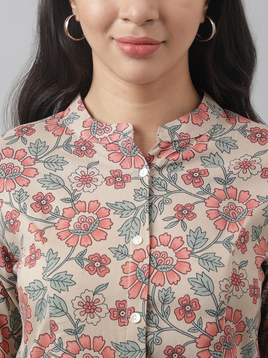 Dark Beige Floral Printed Rayon A-Line Shirt Style Top | LASVINI - Redefining Indian Fashion with Elegance