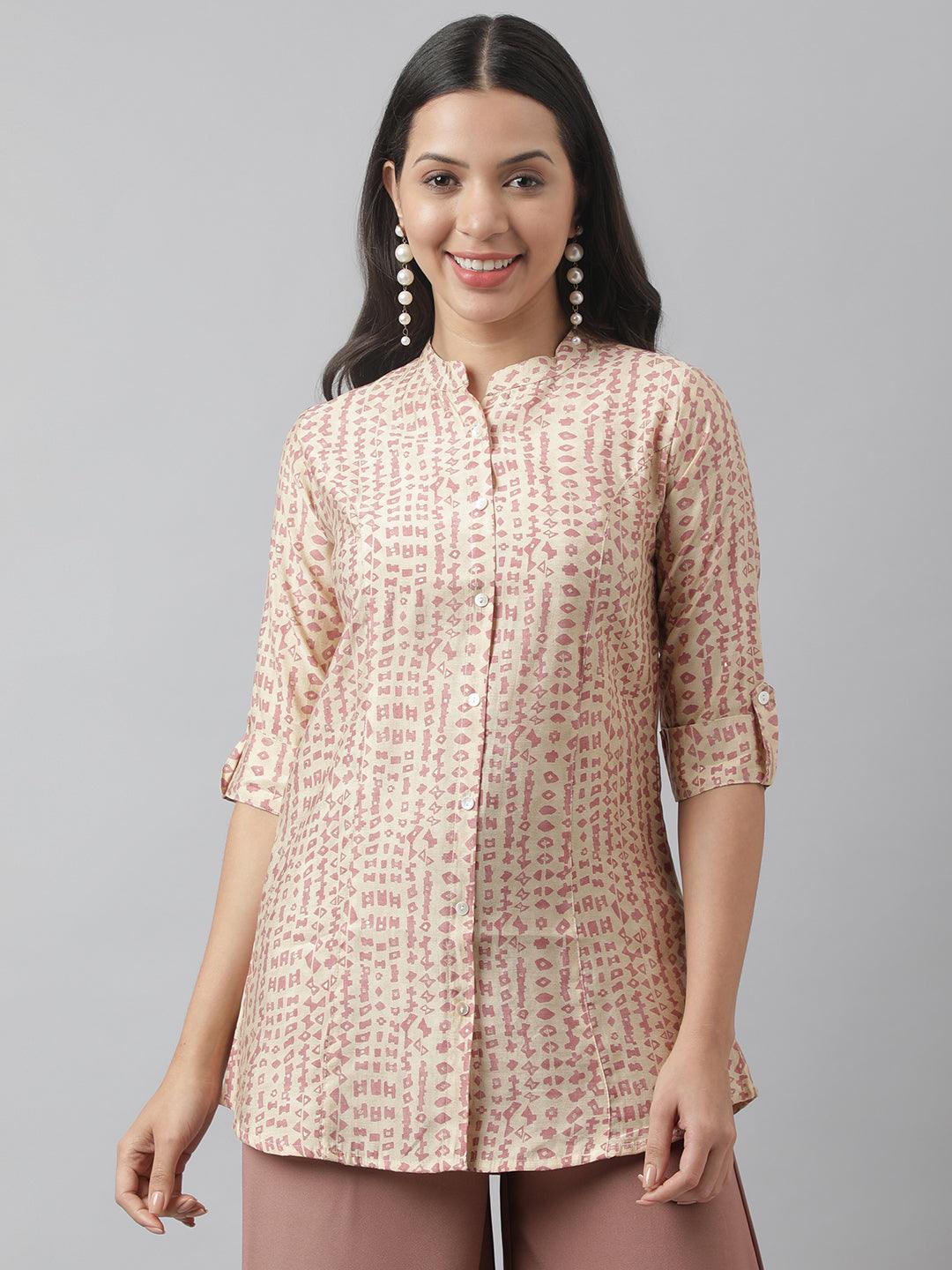 Beige Floral Printed Muslin A-Line Shirt Style Top | LASVINI - Redefining Indian Fashion with Elegance
