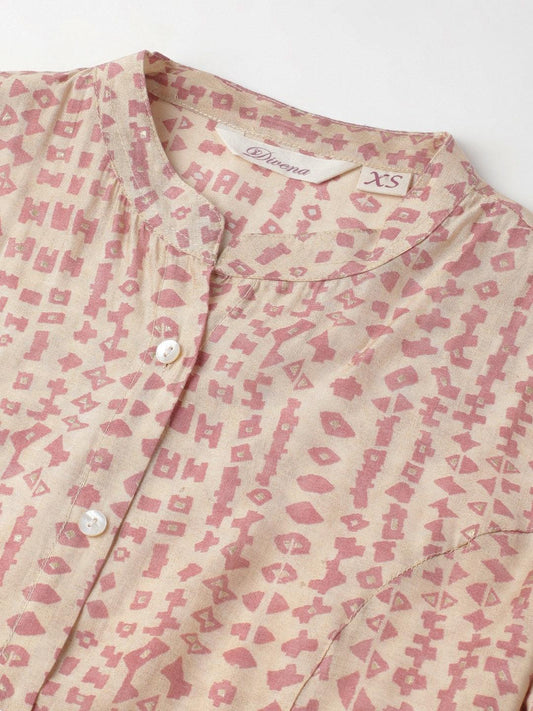 Beige Floral Printed Muslin A-Line Shirt Style Top | LASVINI - Redefining Indian Fashion with Elegance