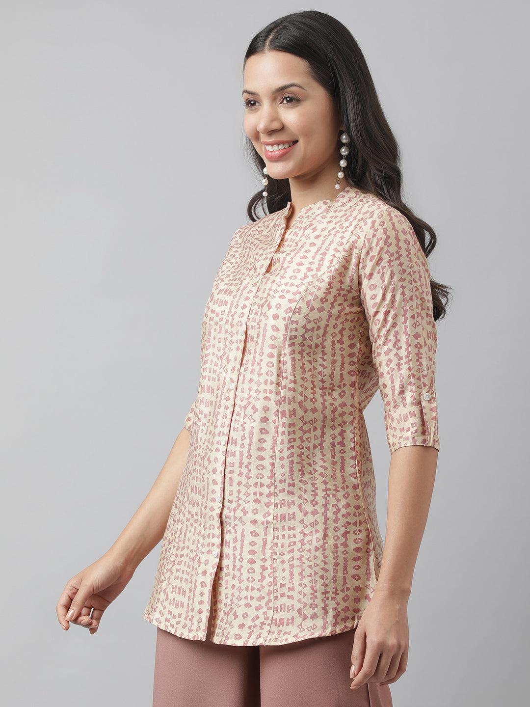 Beige Floral Printed Muslin A-Line Shirt Style Top | LASVINI - Redefining Indian Fashion with Elegance