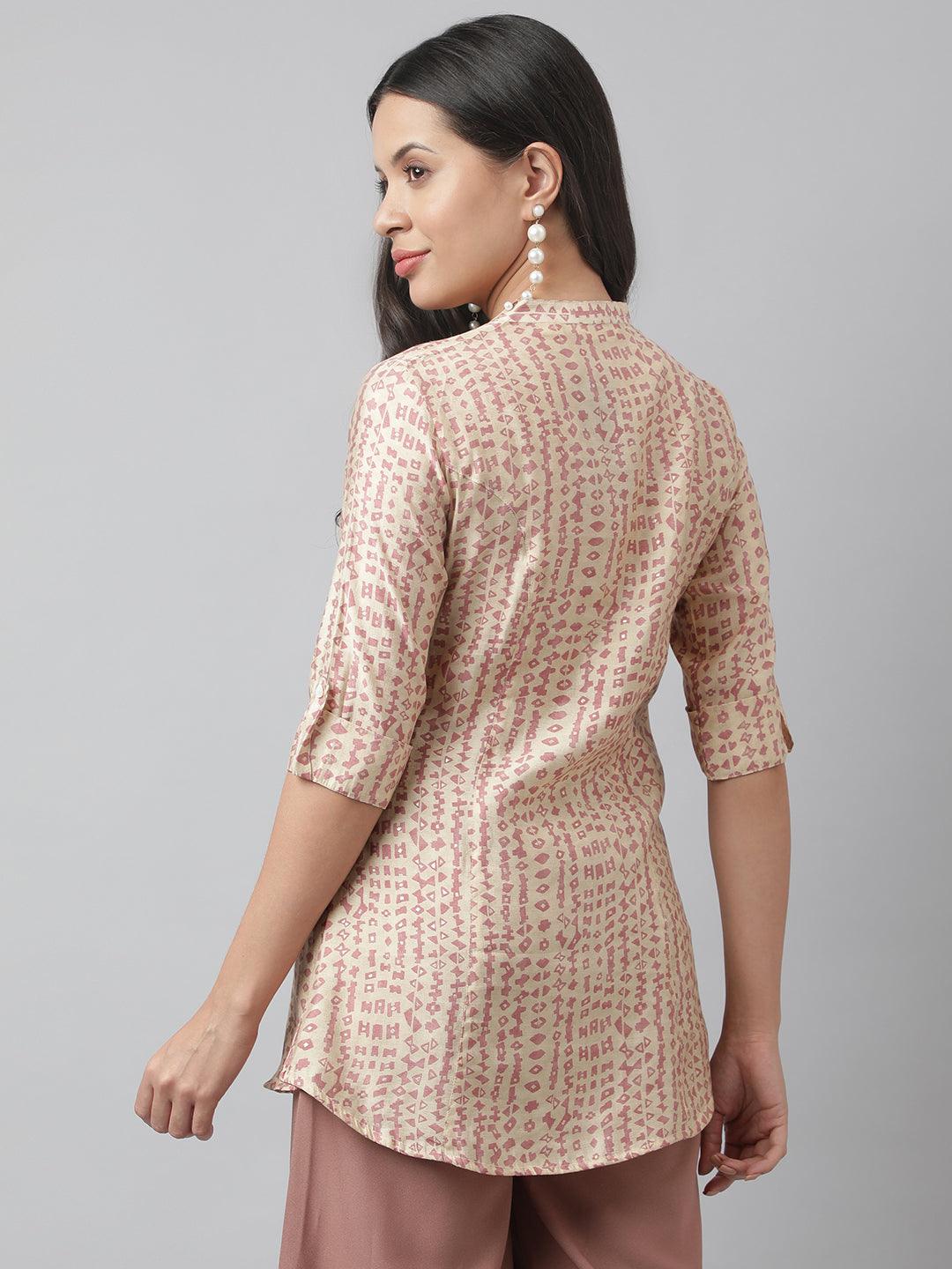 Beige Floral Printed Muslin A-Line Shirt Style Top | LASVINI - Redefining Indian Fashion with Elegance