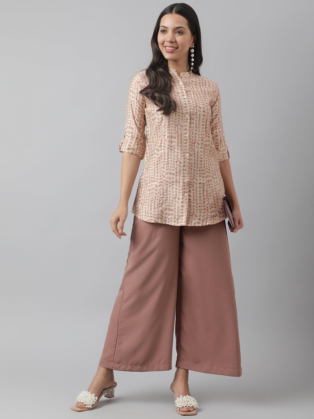 Beige Floral Printed Muslin A-Line Shirt Style Top | LASVINI - Redefining Indian Fashion with Elegance