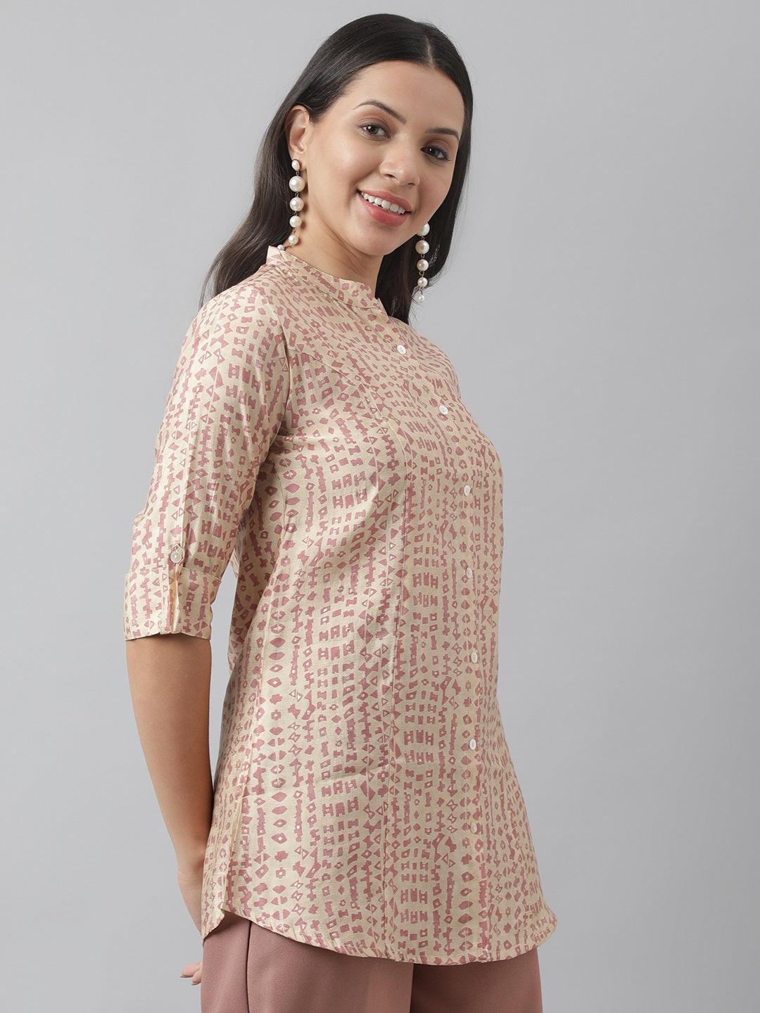 Beige Floral Printed Muslin A-Line Shirt Style Top | LASVINI - Redefining Indian Fashion with Elegance
