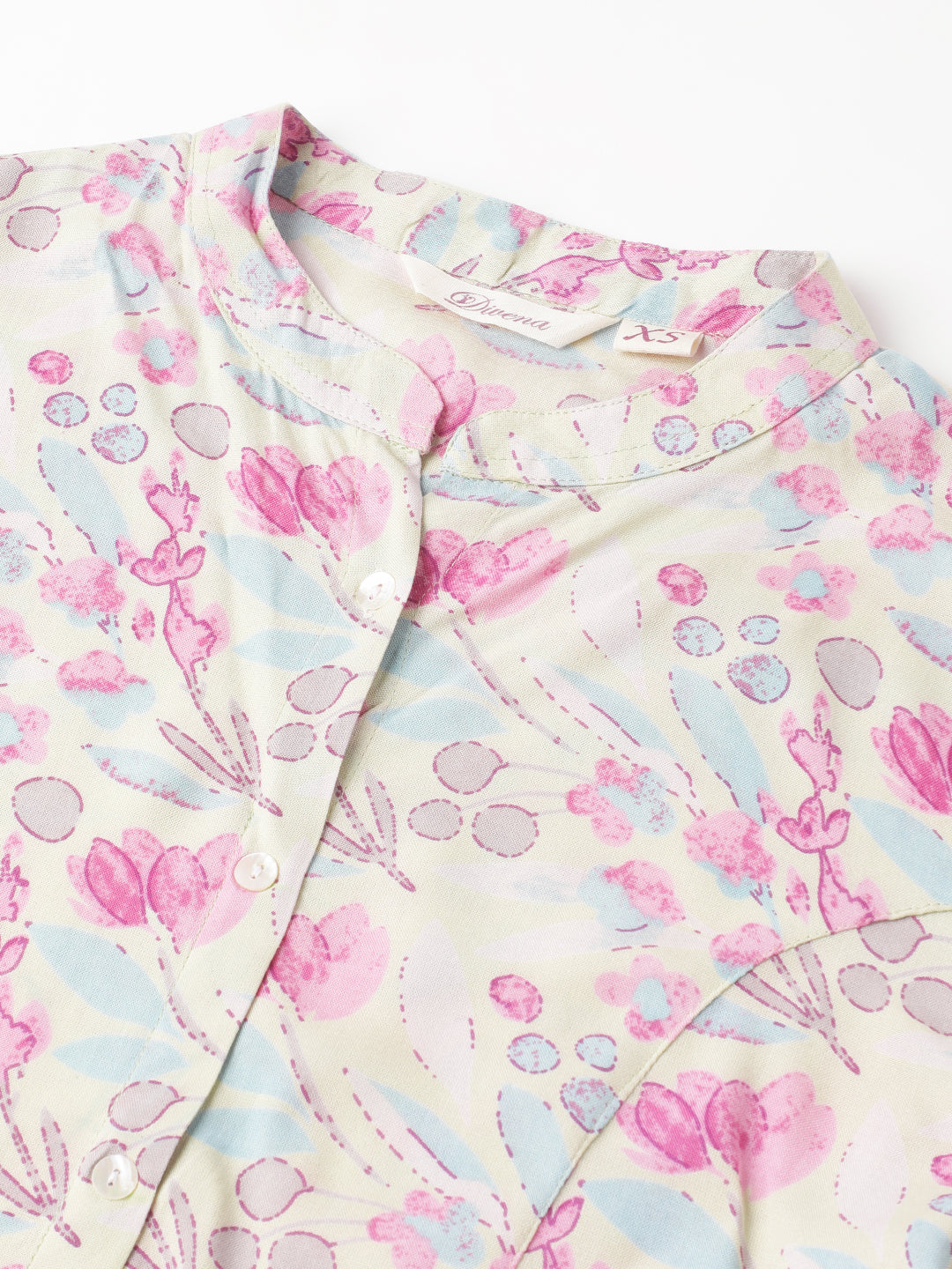 Cream & Pink Floral Print Mandarin Collar Roll-Up Sleeves A-Line Shirt Style Top | LASVINI - Redefining Indian Fashion with Elegance