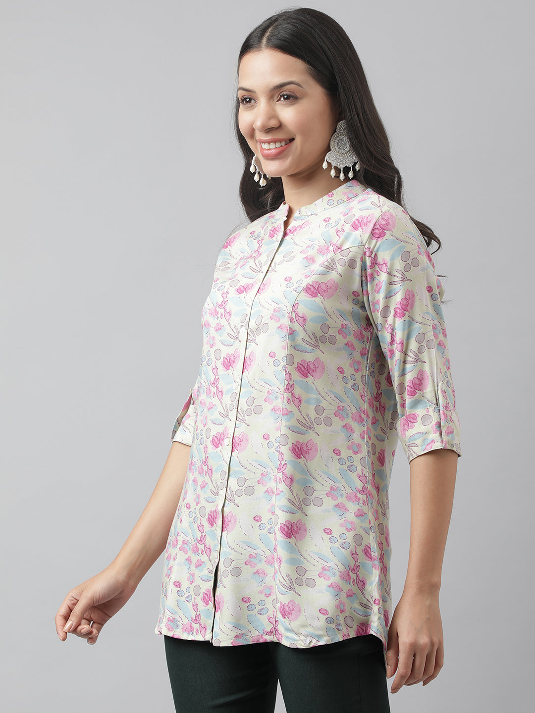Cream & Pink Floral Print Mandarin Collar Roll-Up Sleeves A-Line Shirt Style Top | LASVINI - Redefining Indian Fashion with Elegance