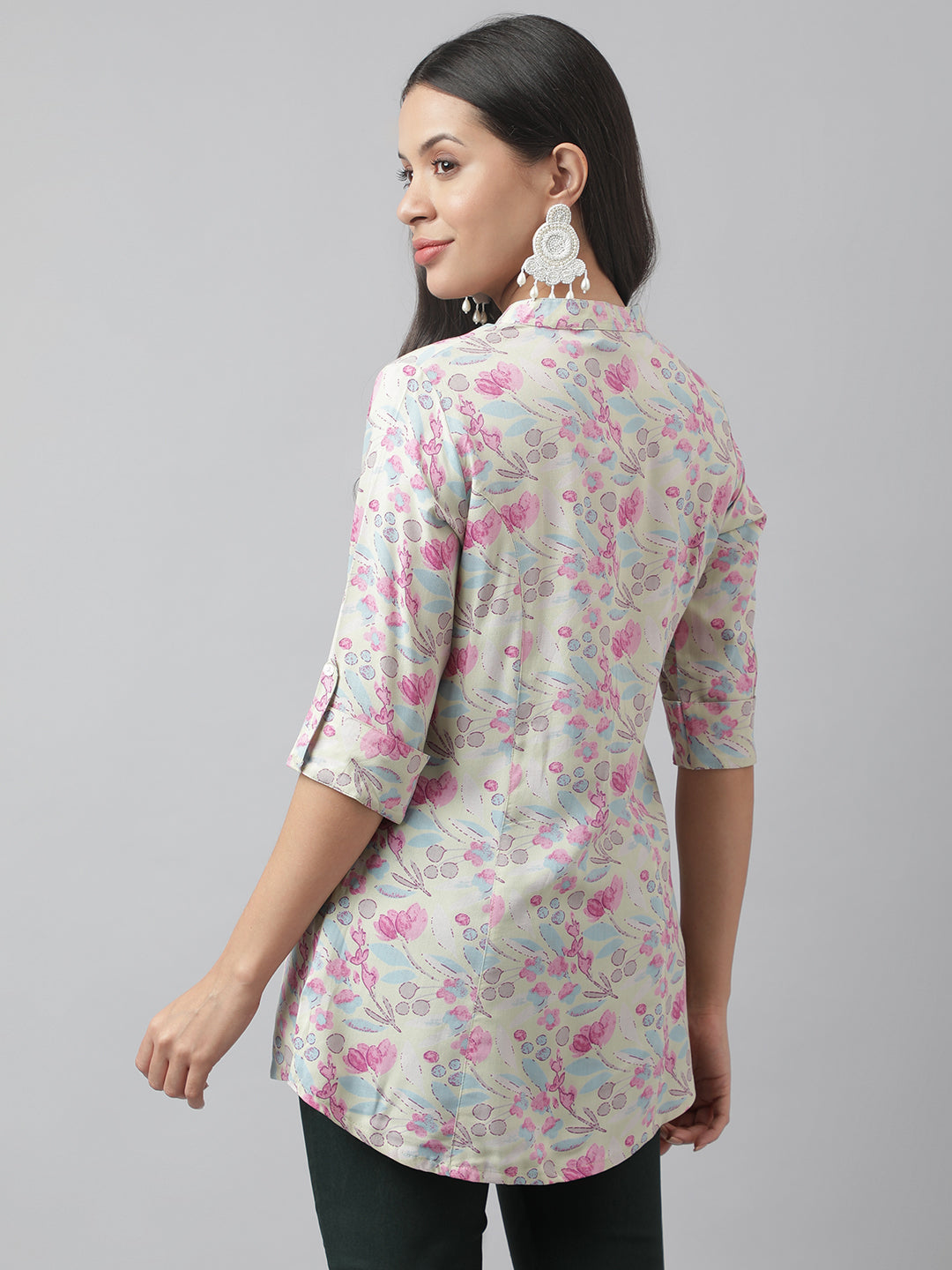 Cream & Pink Floral Print Mandarin Collar Roll-Up Sleeves A-Line Shirt Style Top | LASVINI - Redefining Indian Fashion with Elegance