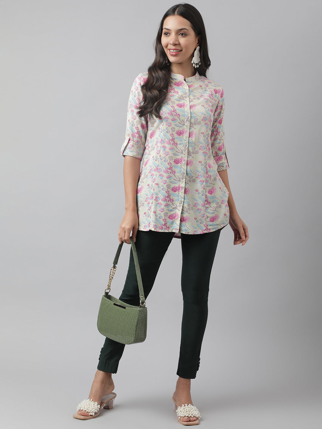 Cream & Pink Floral Print Mandarin Collar Roll-Up Sleeves A-Line Shirt Style Top | LASVINI - Redefining Indian Fashion with Elegance