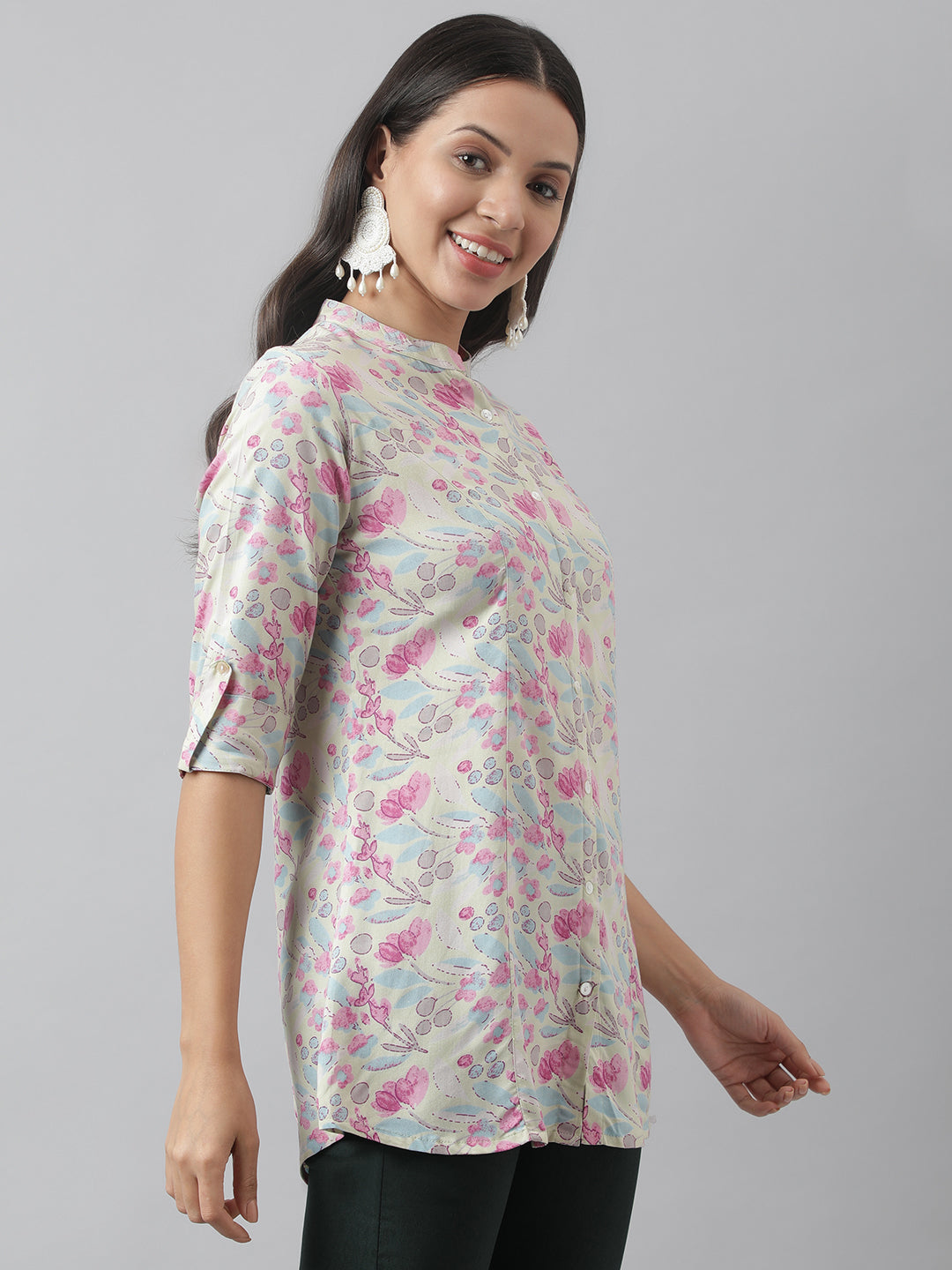 Cream & Pink Floral Print Mandarin Collar Roll-Up Sleeves A-Line Shirt Style Top | LASVINI - Redefining Indian Fashion with Elegance
