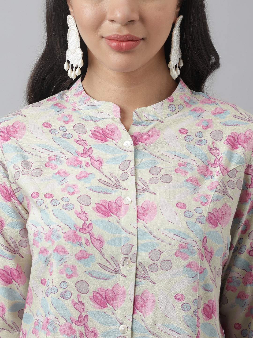 Cream & Pink Floral Print Mandarin Collar Roll-Up Sleeves A-Line Shirt Style Top | LASVINI - Redefining Indian Fashion with Elegance