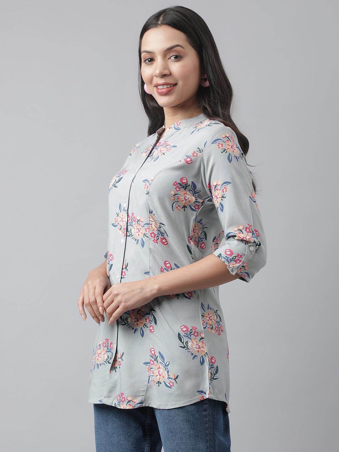 Gray Floral Printed Rayon A-Line Shirt Style Top | LASVINI - Redefining Indian Fashion with Elegance
