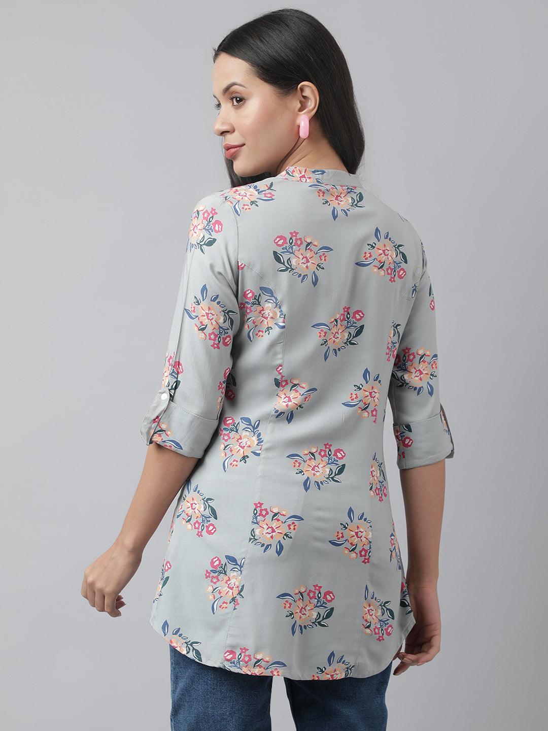 Gray Floral Printed Rayon A-Line Shirt Style Top | LASVINI - Redefining Indian Fashion with Elegance