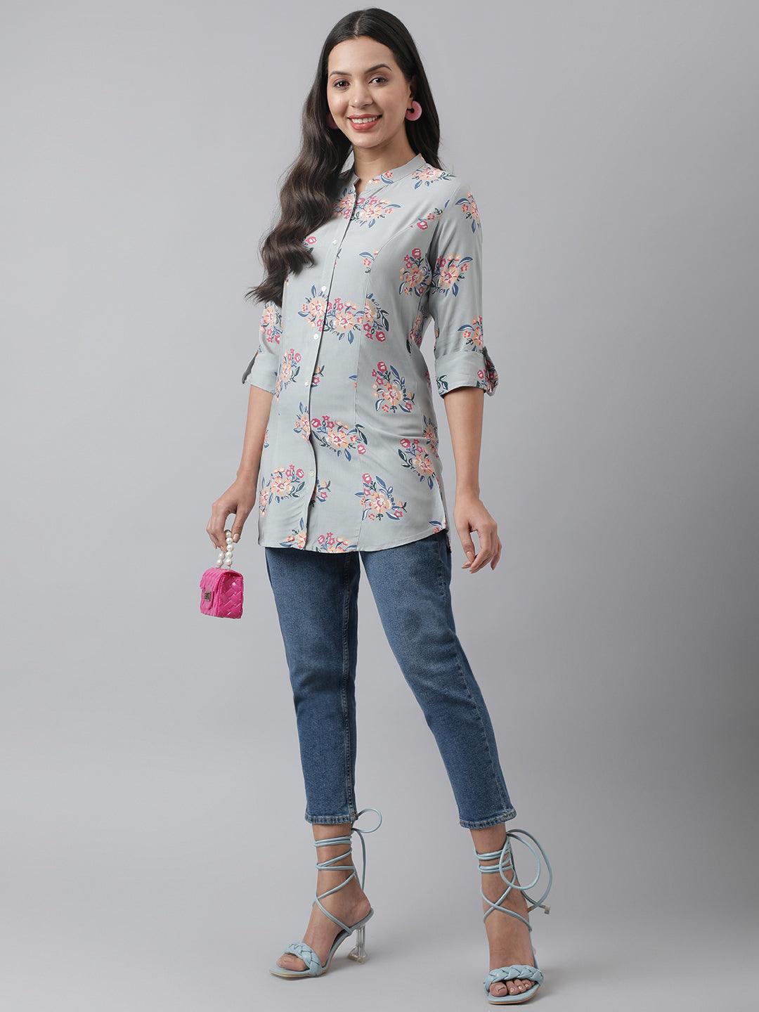 Gray Floral Printed Rayon A-Line Shirt Style Top | LASVINI - Redefining Indian Fashion with Elegance