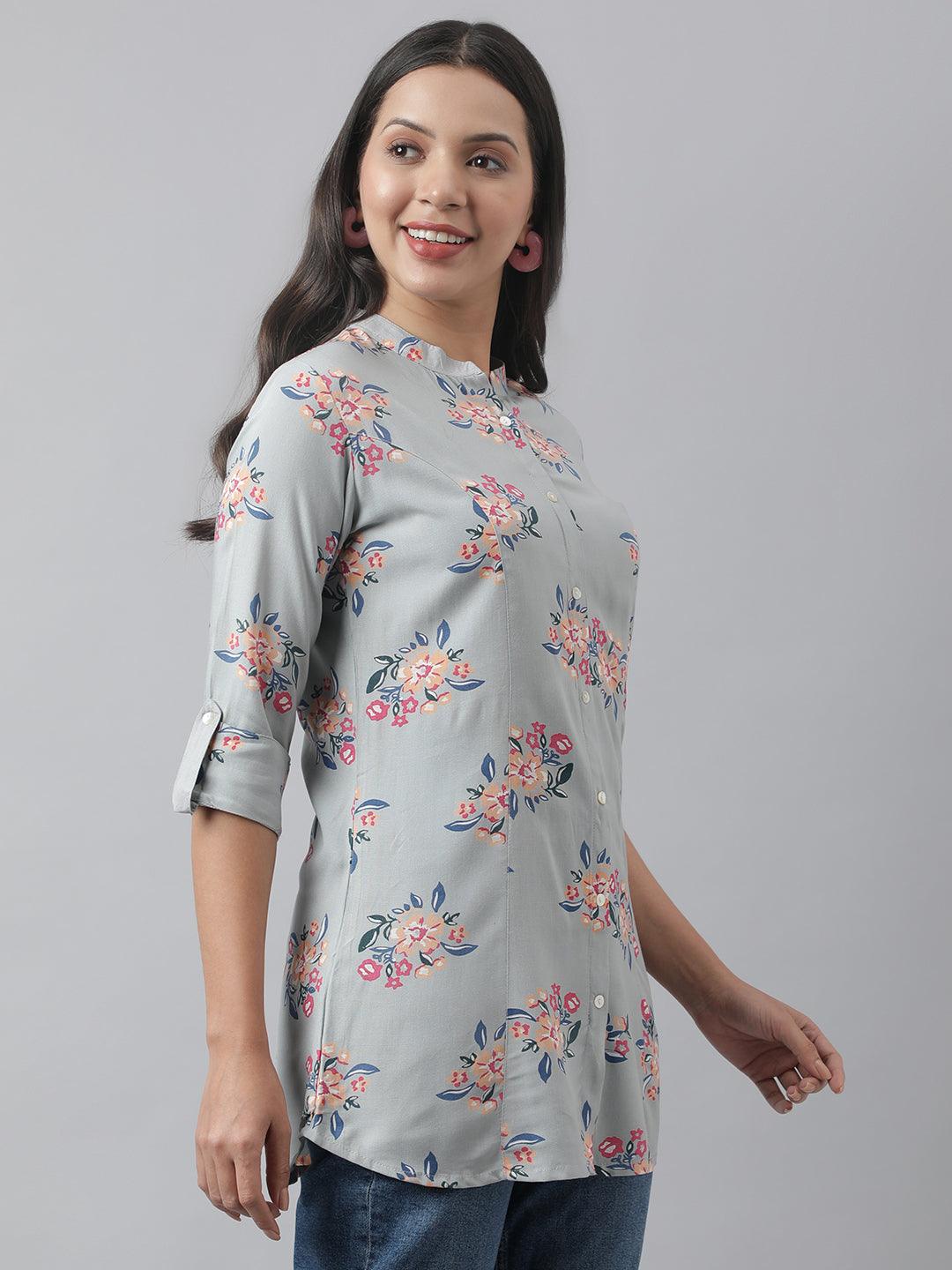 Gray Floral Printed Rayon A-Line Shirt Style Top | LASVINI - Redefining Indian Fashion with Elegance