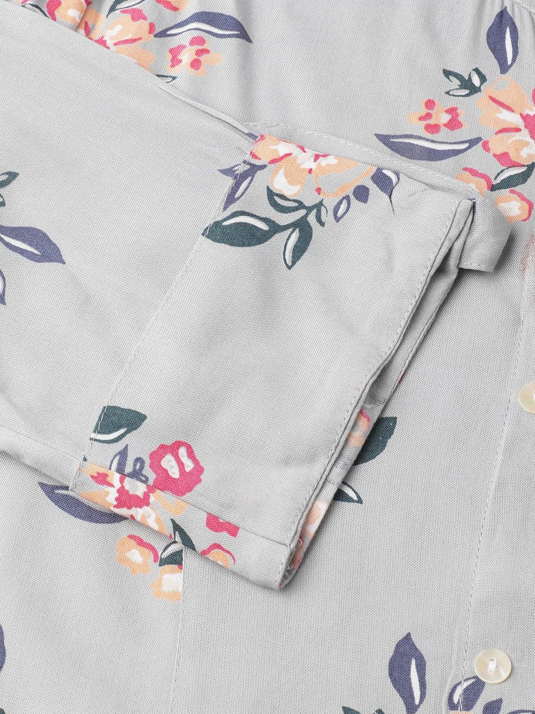Gray Floral Printed Rayon A-Line Shirt Style Top | LASVINI - Redefining Indian Fashion with Elegance