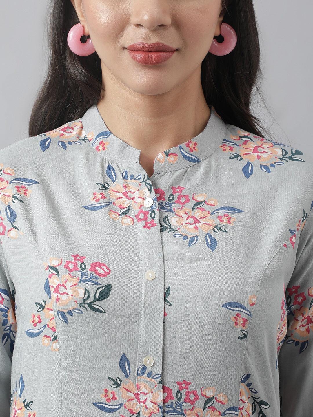Gray Floral Printed Rayon A-Line Shirt Style Top | LASVINI - Redefining Indian Fashion with Elegance