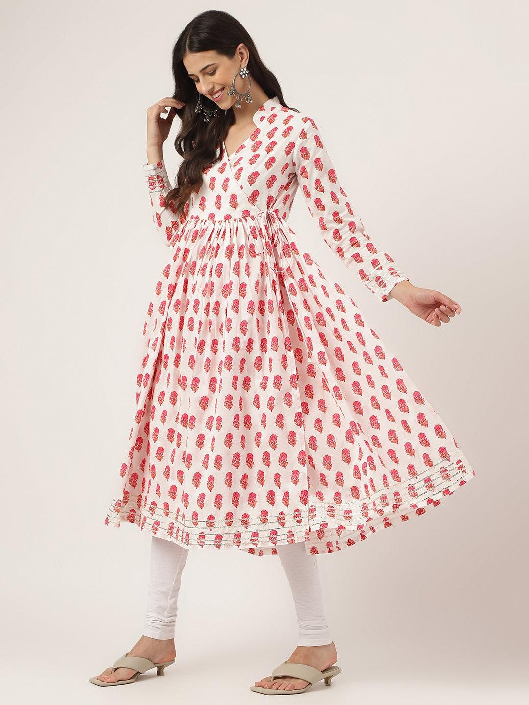 White And Red Floral Printed Angarakha Kurta | LASVINI - Redefining Indian Fashion with Elegance