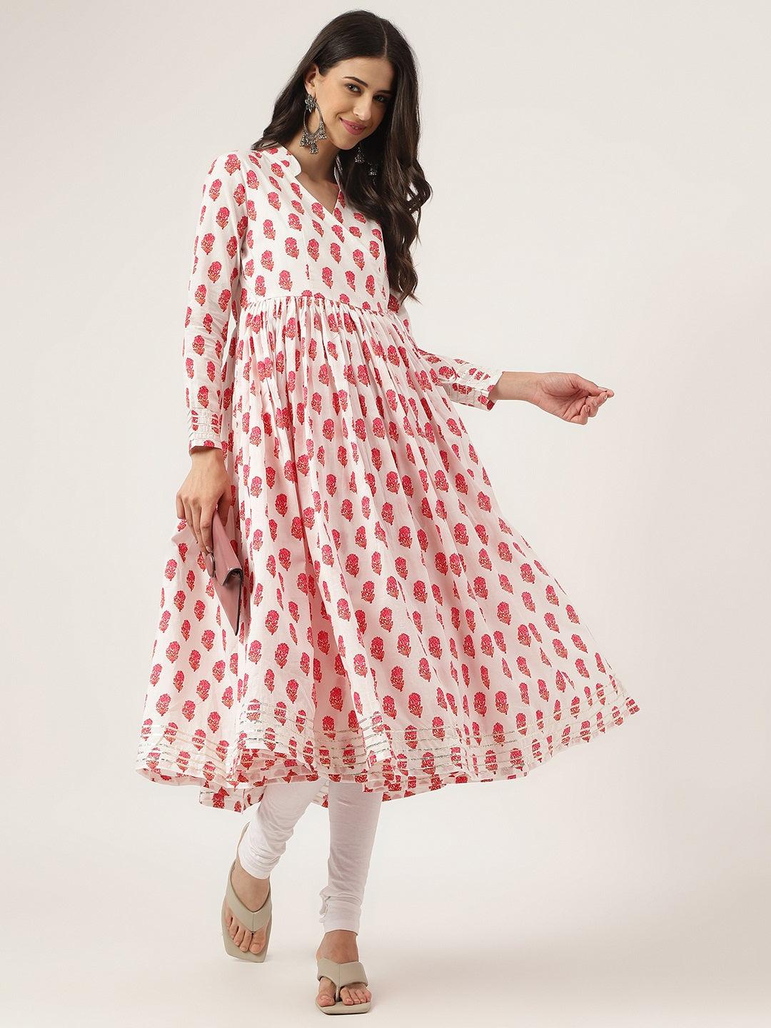 White And Red Floral Printed Angarakha Kurta | LASVINI - Redefining Indian Fashion with Elegance