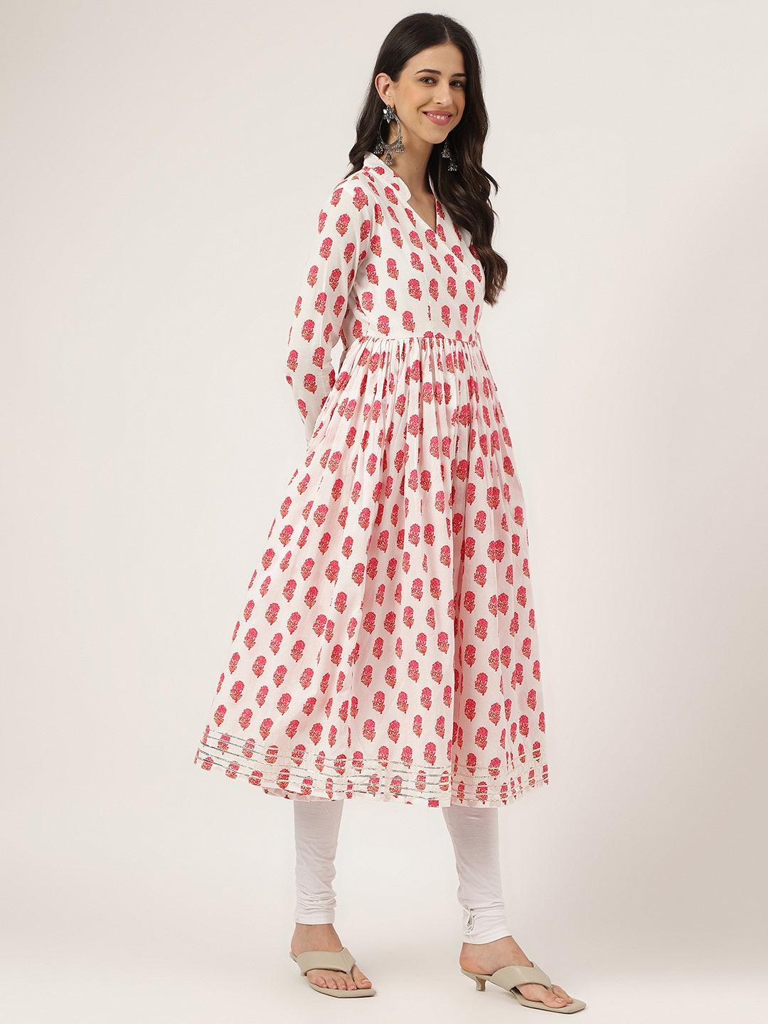 White And Red Floral Printed Angarakha Kurta | LASVINI - Redefining Indian Fashion with Elegance